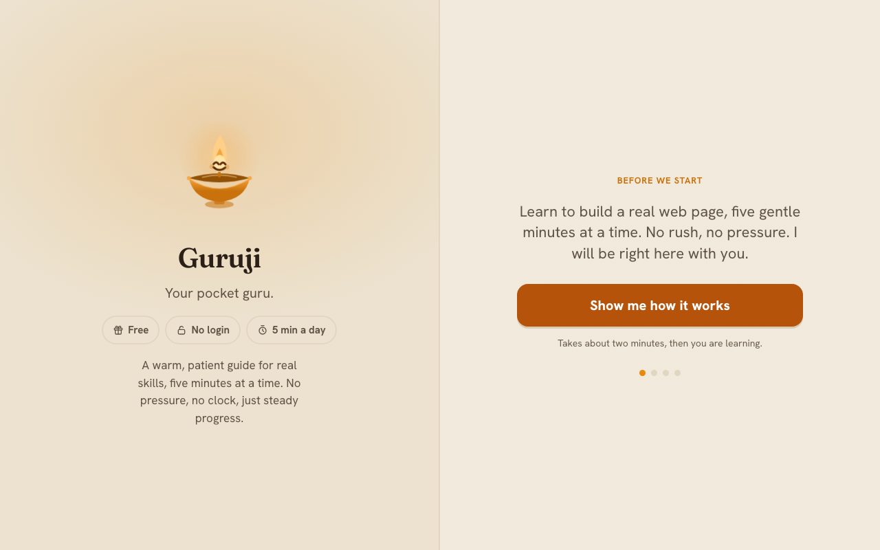 Guruji live: a warm onboarding screen reading Your pocket guru, free, no login, 5 minutes a day