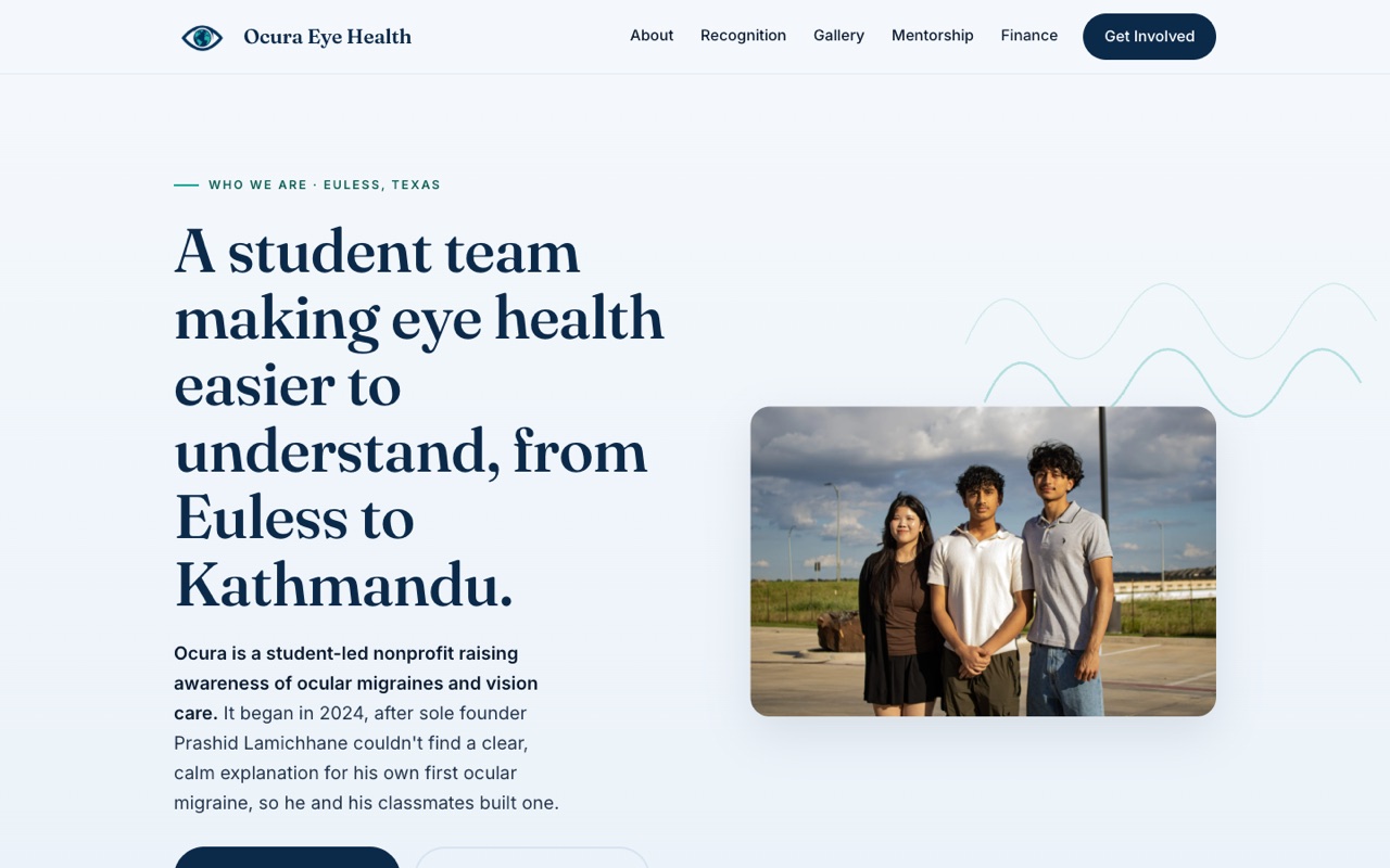 Ocura redesigned: editorial layout with the real student team photo, running on Prospansion Studio