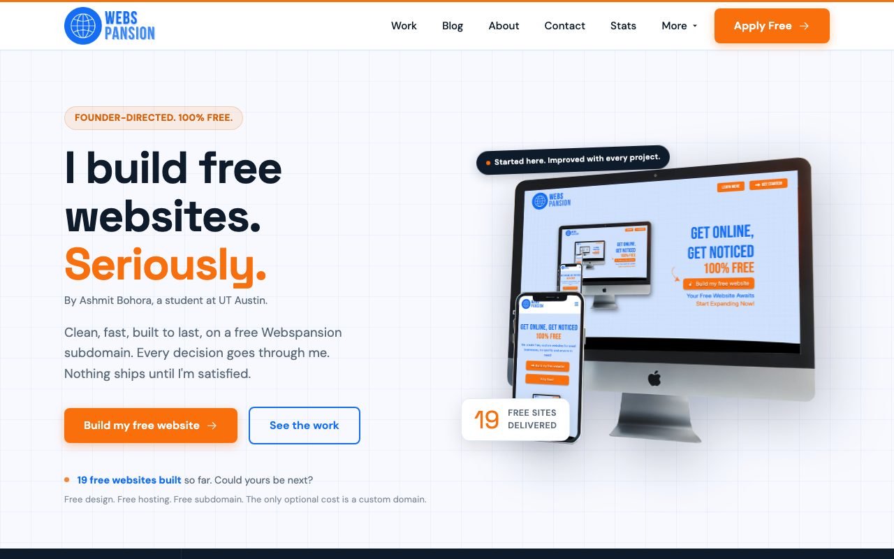The live Webspansion homepage: I build free websites. Seriously. 19 free sites delivered